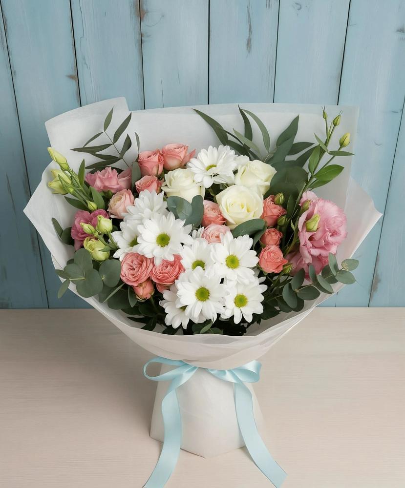 Букет цветов из: Розы, Лизиантусы и Хризантемы в Исаклы