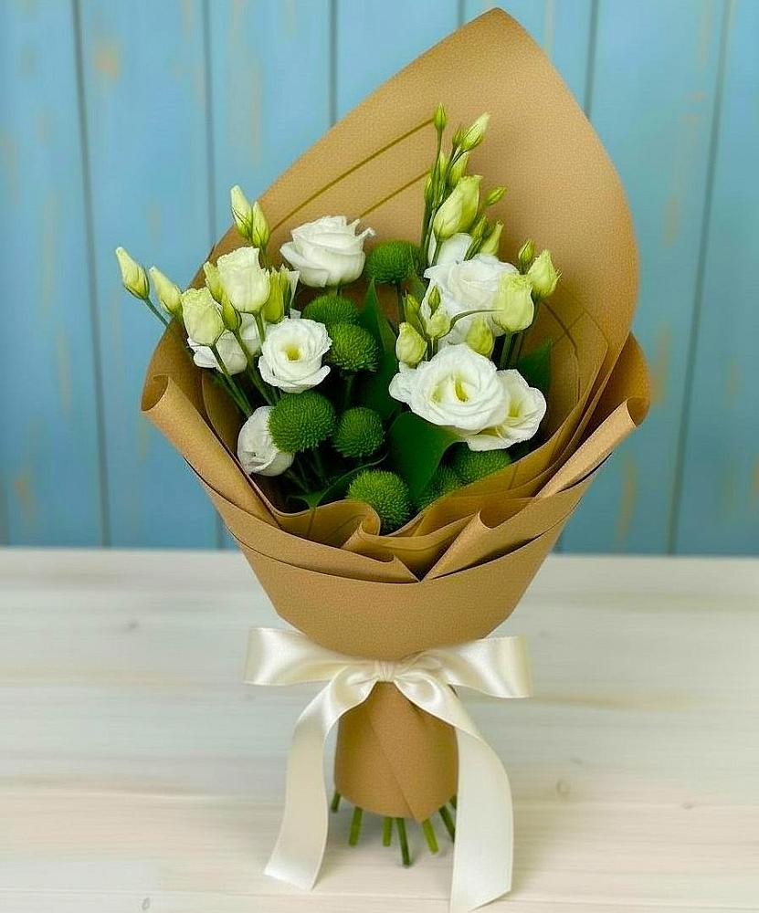 Букет цветов из: Хризантемы и Лизиантусы в Исаклы