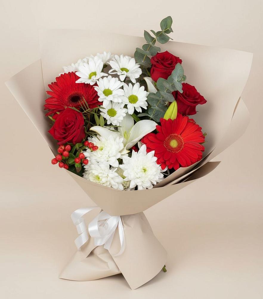 Букет цветов из: Розы, Хризантемы, Герберы и Лилии в Исаклы