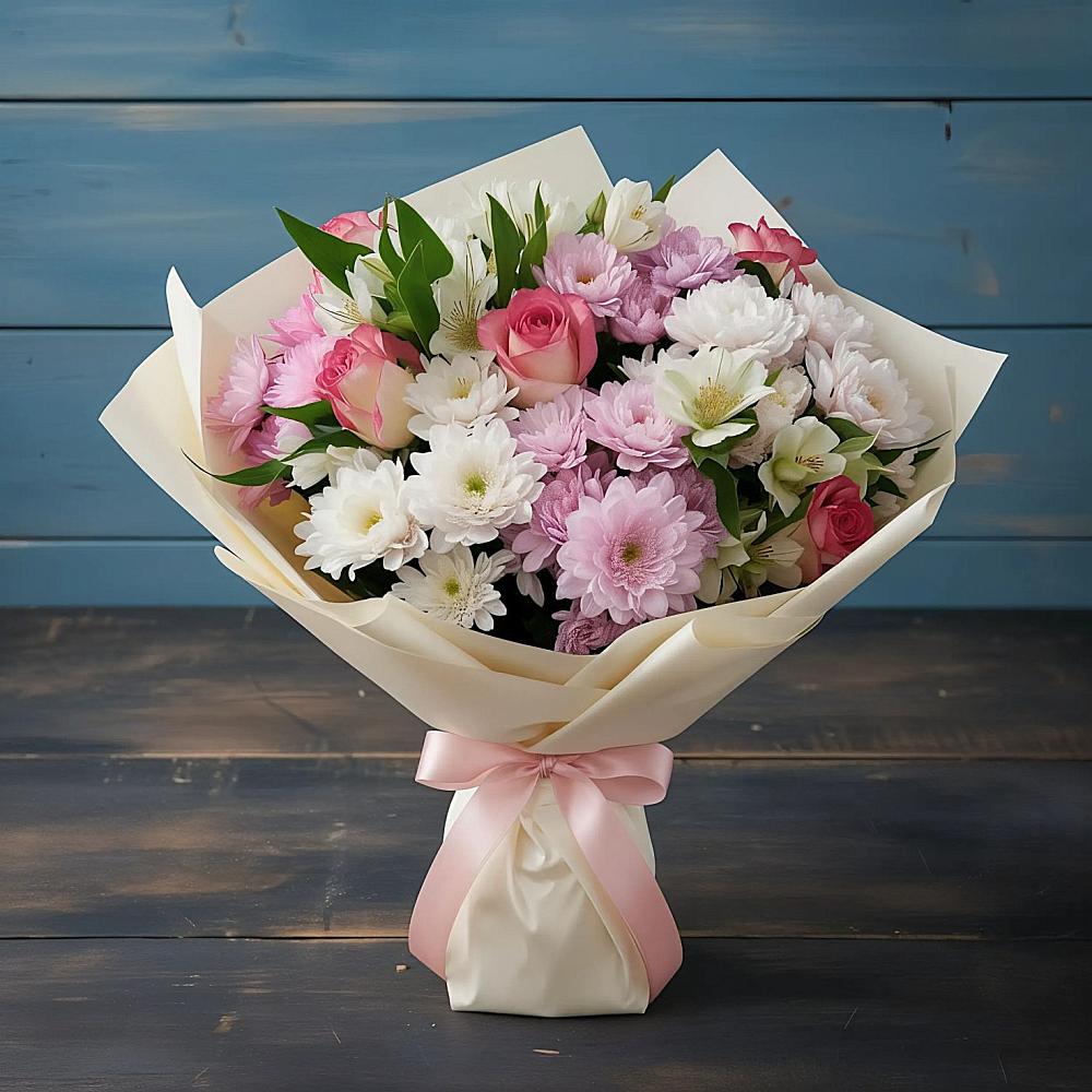 Букет цветов из: Хризантемы, Альстромерии и Розы в Исаклы